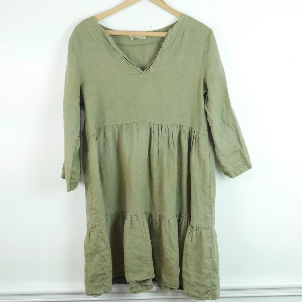 Made in Italy 100% Linen Tunic‎ Dress XS Olive Green Beachy Boho Medieval Fairy